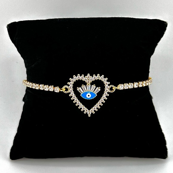 18K Gold Plated over Stainless Steel Adjusatble Slider Evil Eye & Heart Bracelet - Picture 1 of 5